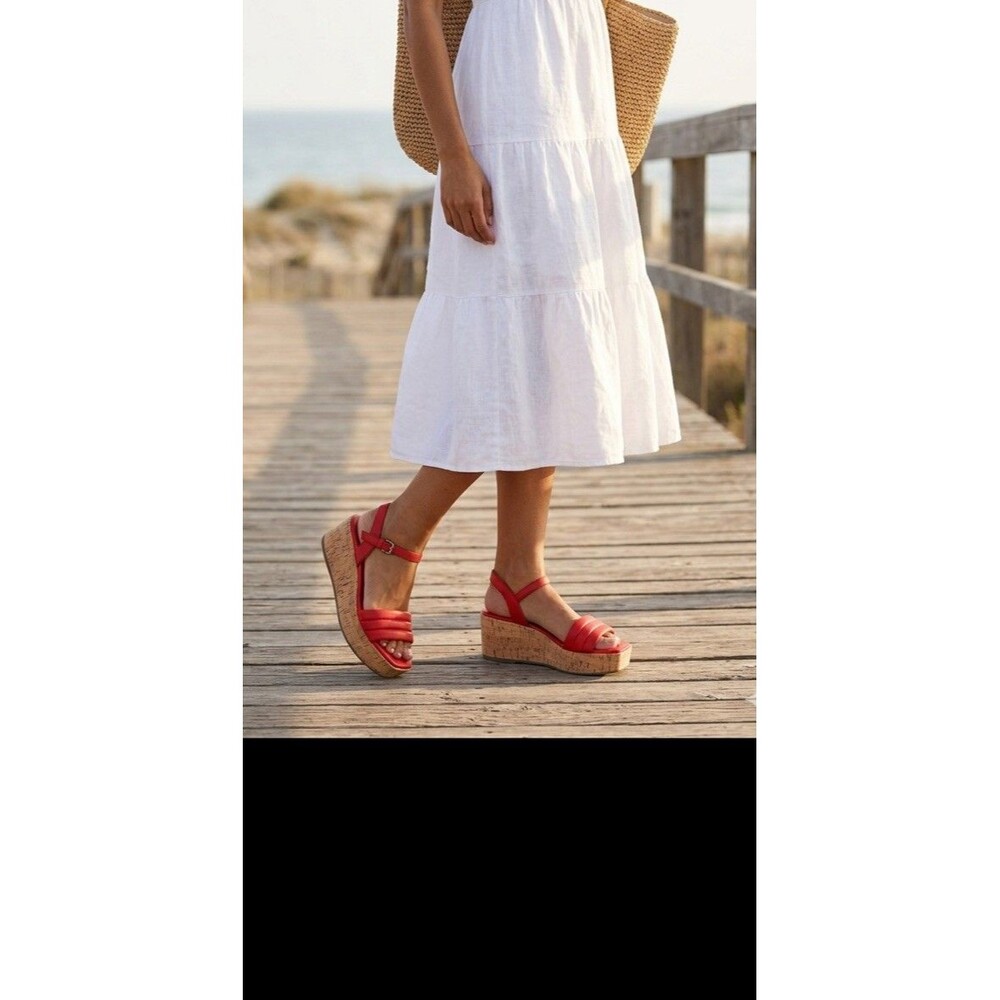 Franco Sarto Red Platform Wedge Sandals Women’s Size 7.5 Cork Heel Ankle Strap